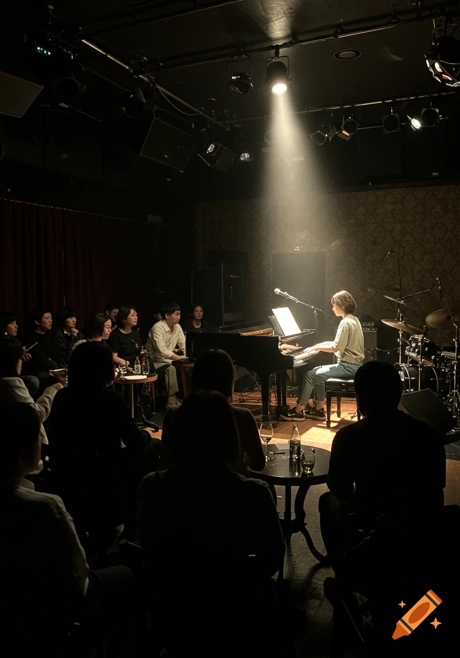 A musician plays a grand piano under a spotlight in a dark jazz club, with an audience gathered around tables.