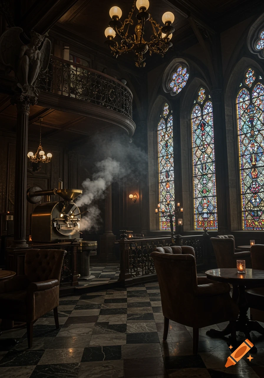Dark, gothic coffee shop interior with stained-glass windows, a balcony, and a coffee roaster steaming.