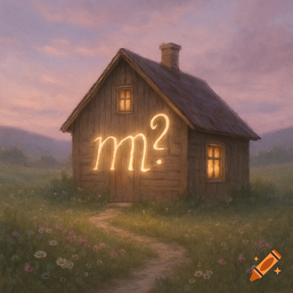 A rustic wooden house with glowing 'm²?' on its side stands in a wildflower field under a pastel twilight sky.