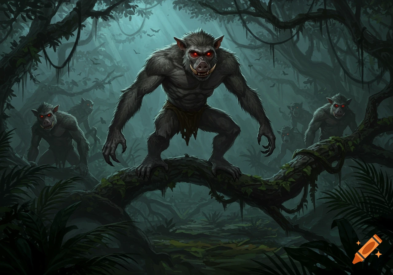 Several grey, muscular, pig-like creatures with glowing red eyes and tusks lurk in a dark, misty jungle.