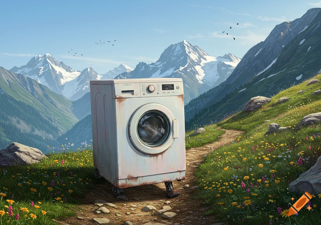 A rusty washing machine with small legs and wheels walks on a winding dirt path through a green, wildflower-filled mountain landscape under a clear sky.