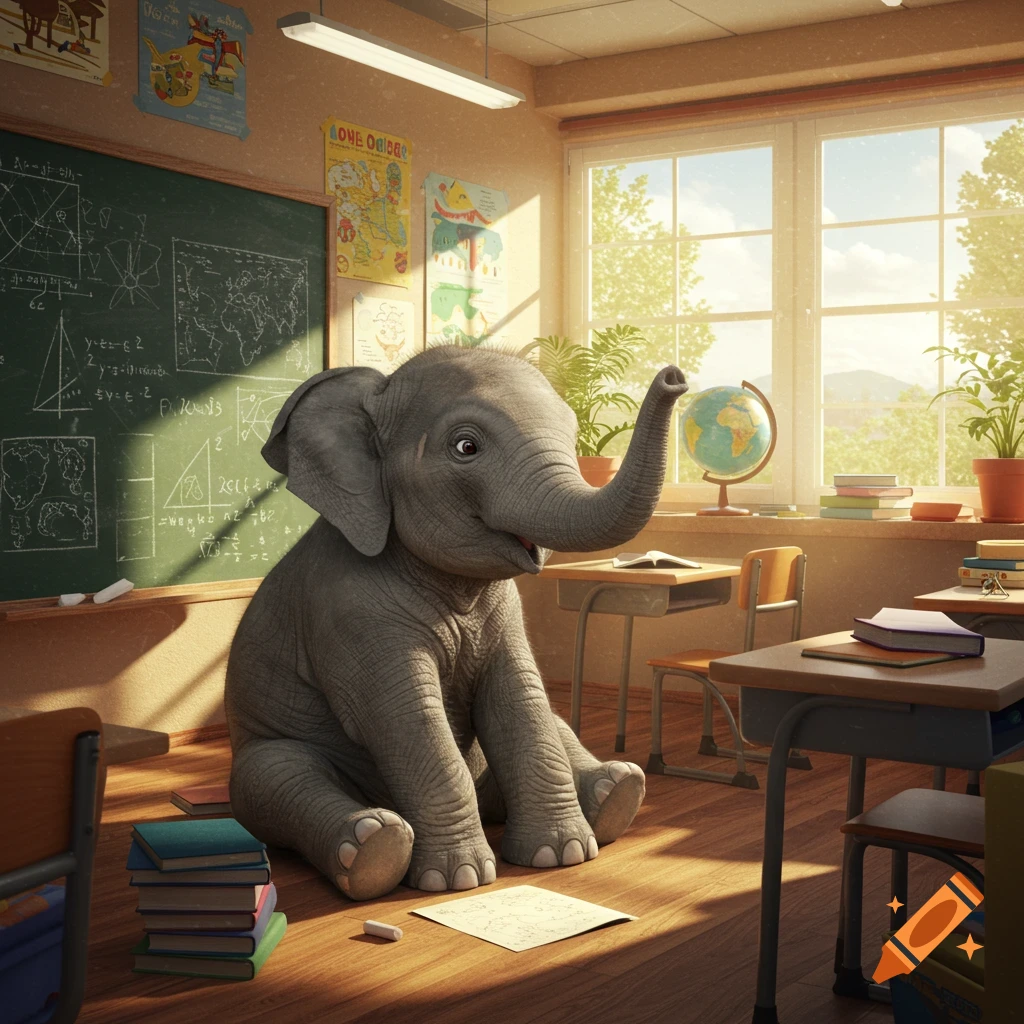 A cute baby elephant sits on the wooden floor of a sunlit classroom, with a blackboard, desks, and plants visible in the background.