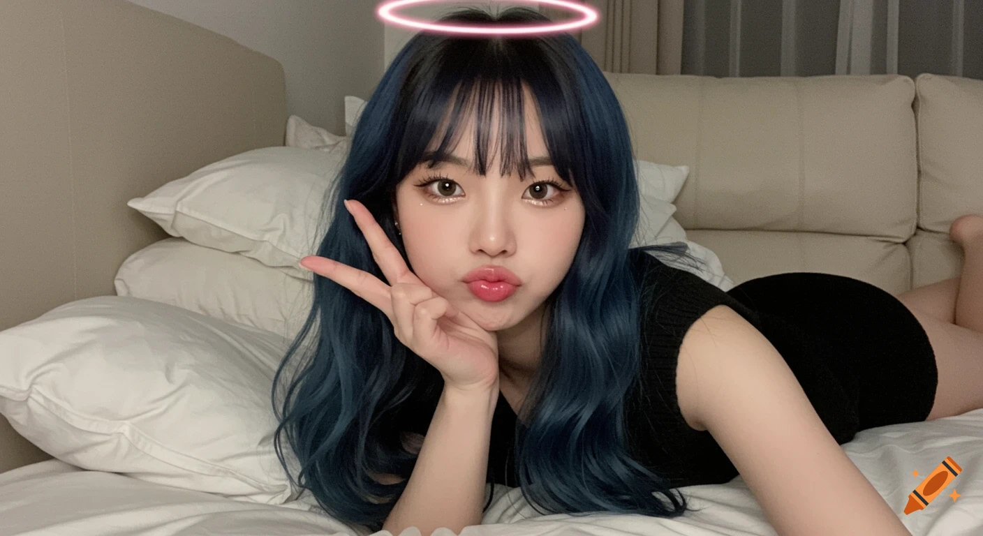A realistic photo of a Korean girl with blue and black hair lying in bed, making a peace sign and pouting, with a pink halo filter.