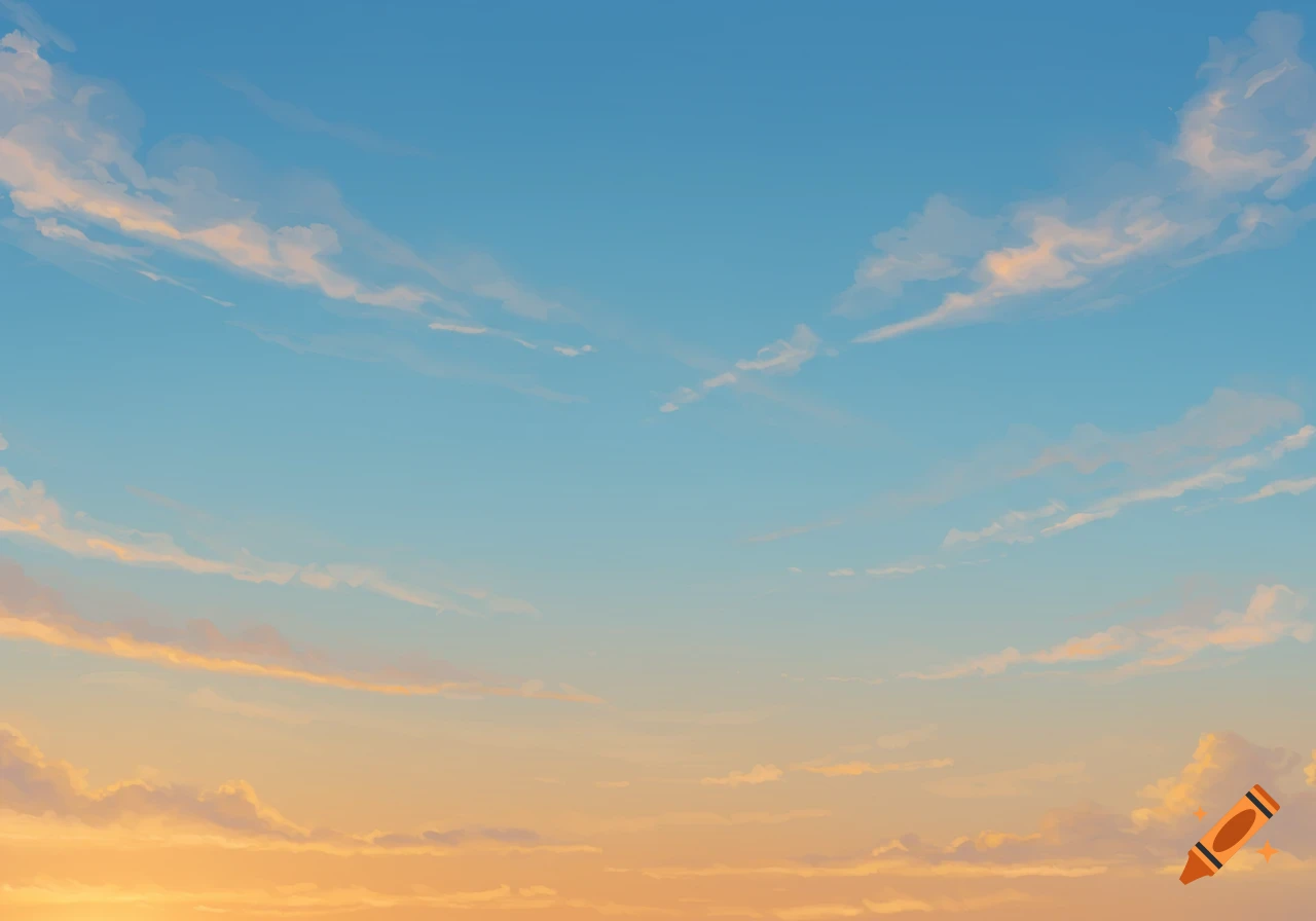 Stylized sky with a gradient of blue to orange and yellow, featuring wispy clouds.