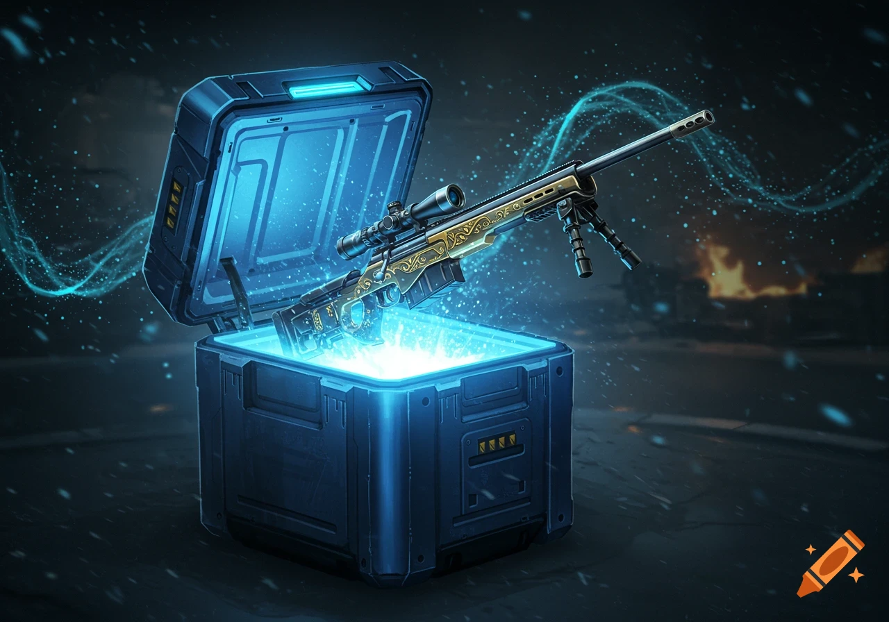 A stylized golden sniper rifle with a scope emerges from a glowing blue loot box against a dark background, digital art.