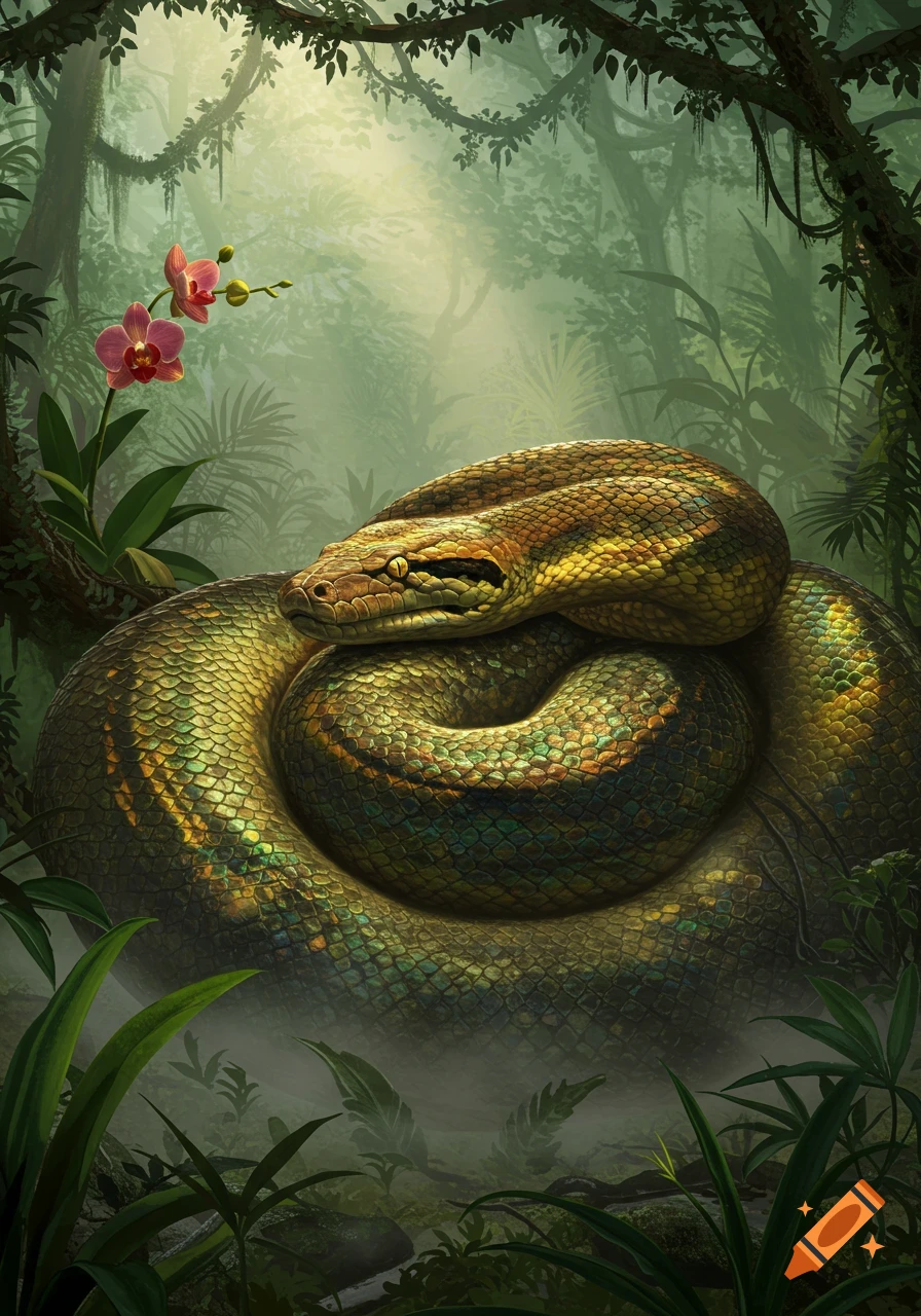 A coiled anaconda with golden and green scales rests in a lush, misty jungle with a pink orchid. Digital art.