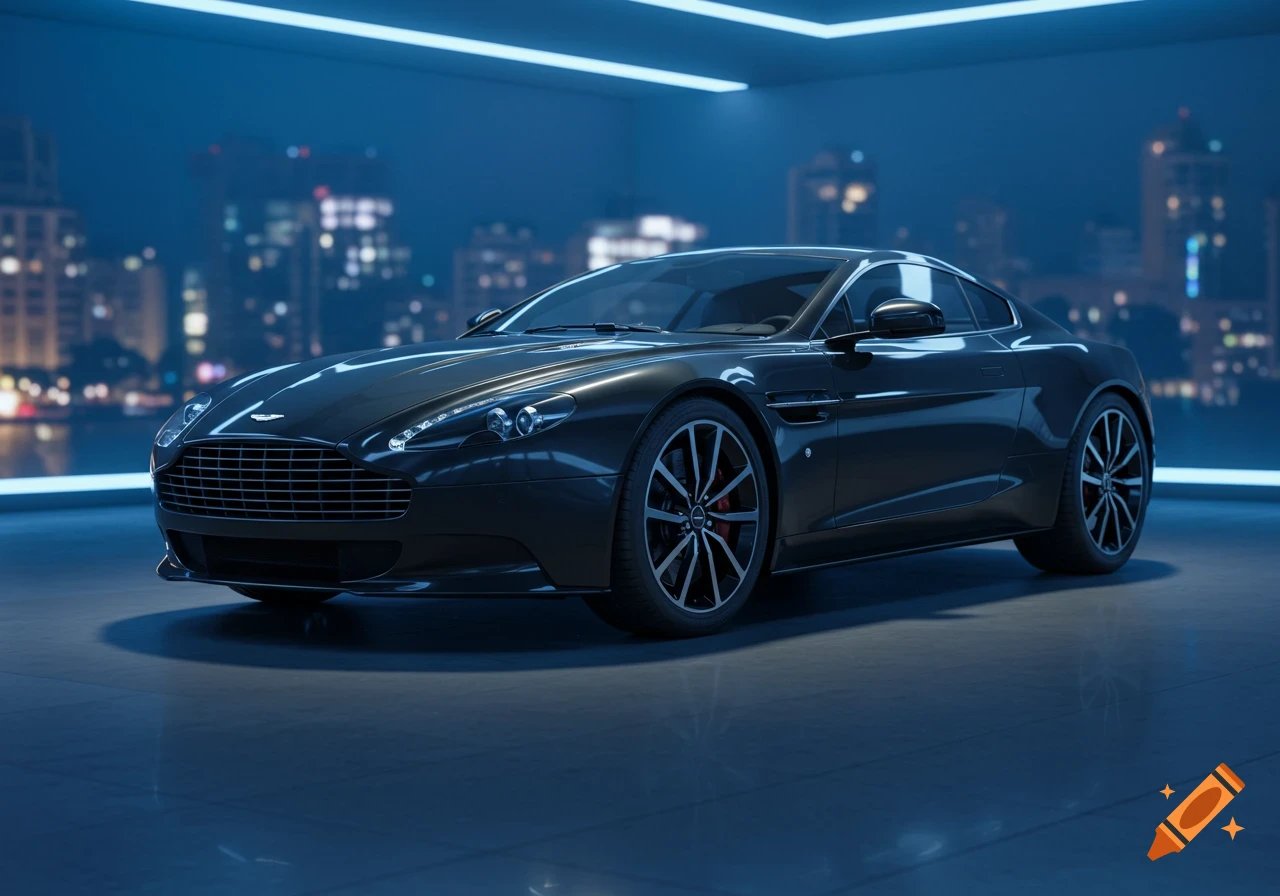A dark gray Aston Martin sports car parked in a modern showroom with a blue neon light ceiling and a blurred city skyline at night.
