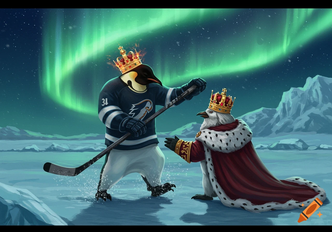 An emperor penguin in hockey gear and a crown slaps an older penguin king in royal robes under the aurora borealis.