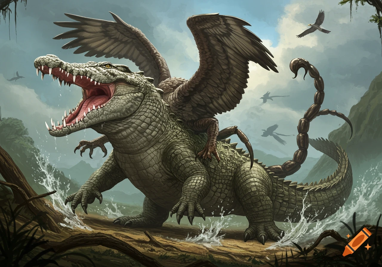 A large, green fantasy creature with a crocodile body, bird wings, and a scorpion tail, roaring in a swampy jungle.