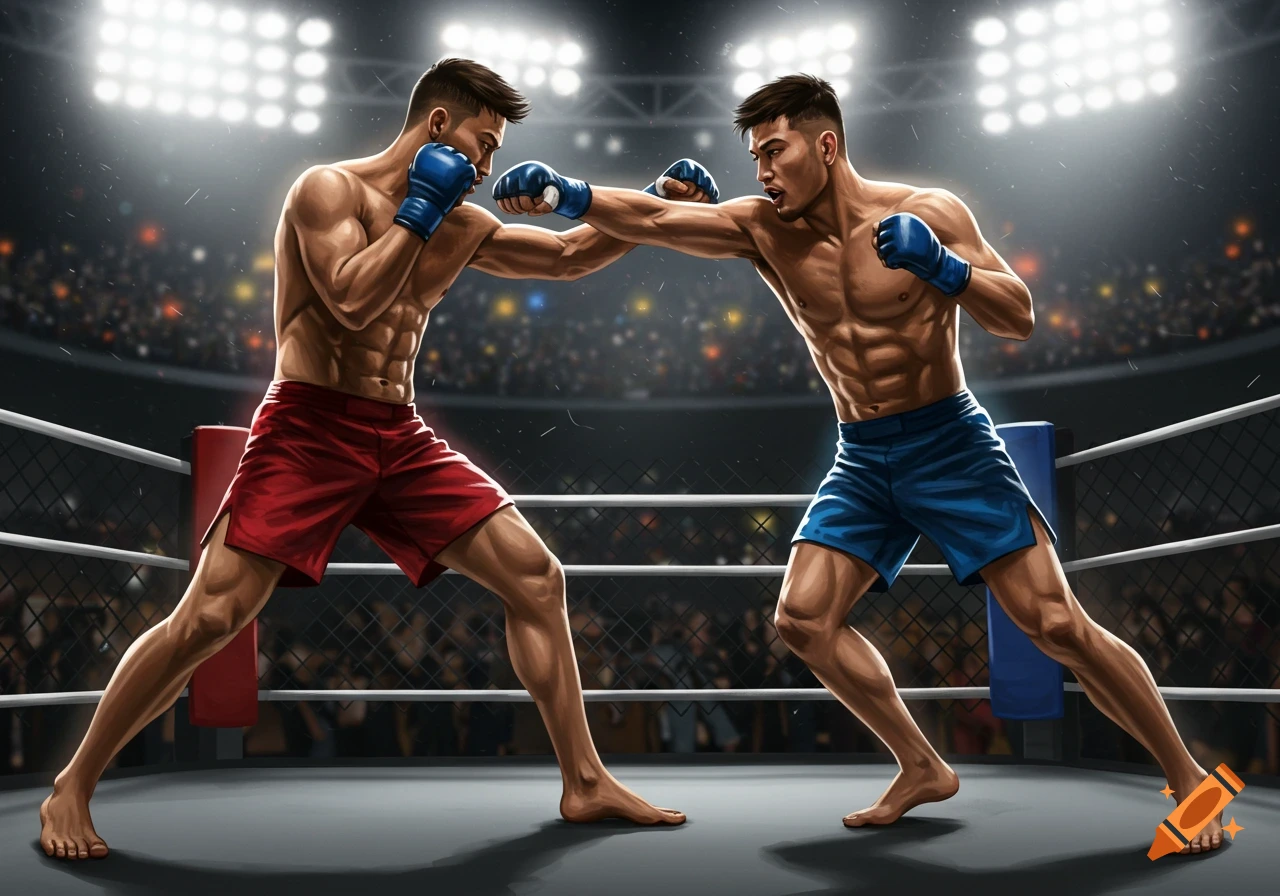 Two muscular men in red and blue shorts fight in a brightly lit MMA ring with blue gloves, stylized illustration.
