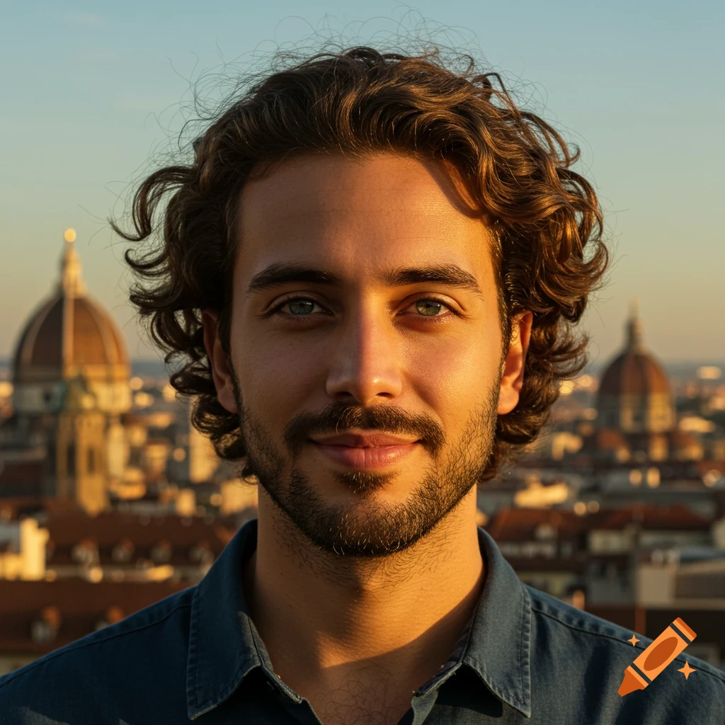 A photorealistic portrait of a man with curly brown hair and a beard, smiling faintly, against a backdrop of city domes at sunset.