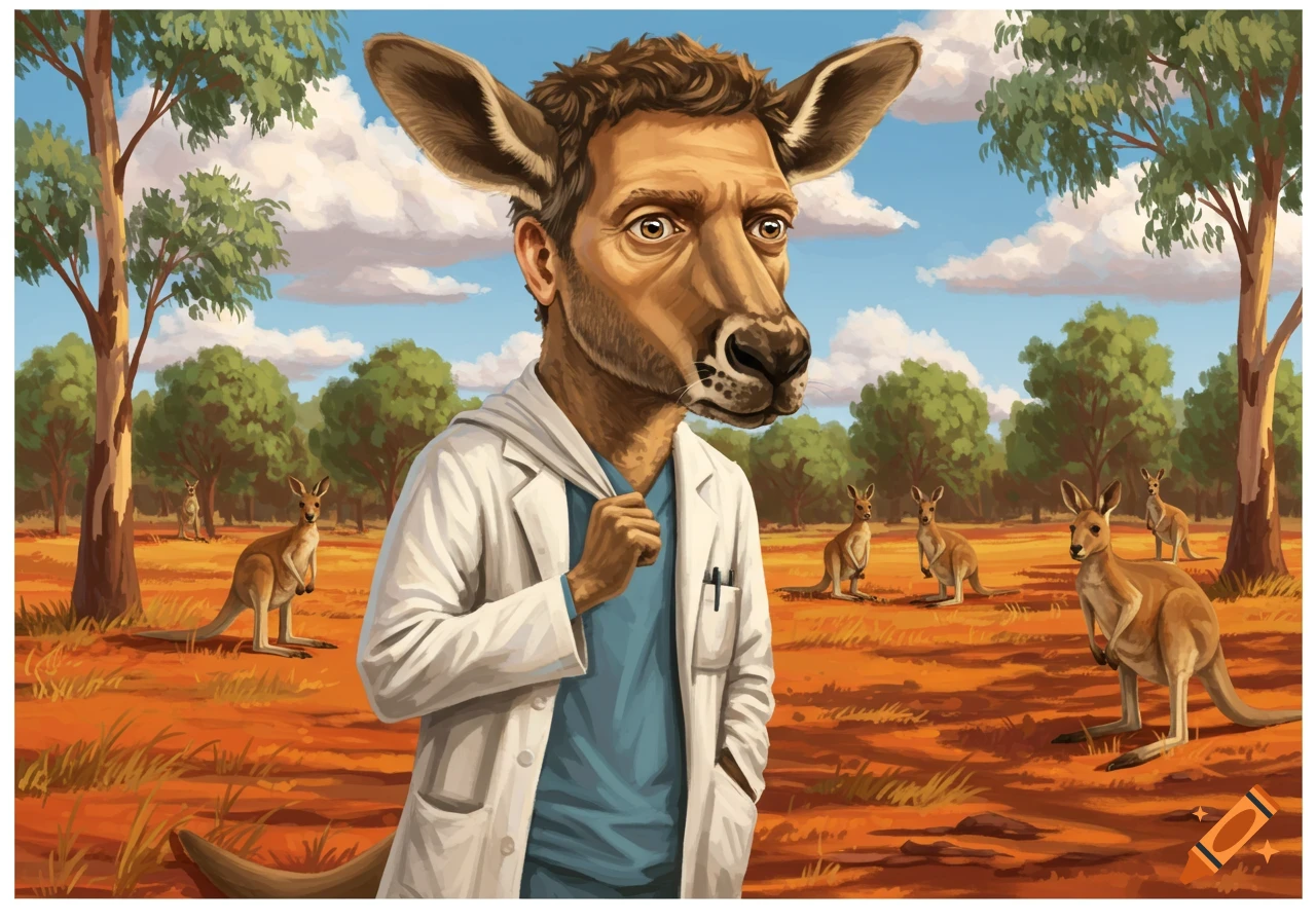 Illustrated man with kangaroo head and ears in a lab coat, standing in an Australian outback with several kangaroos.