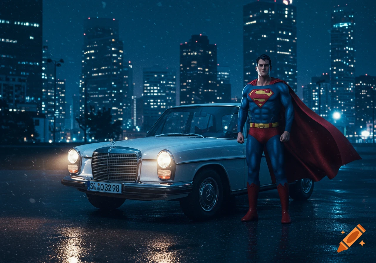 Superman stands next to a white vintage Mercedes car on a rainy city street at night, with illuminated skyscrapers in the background.