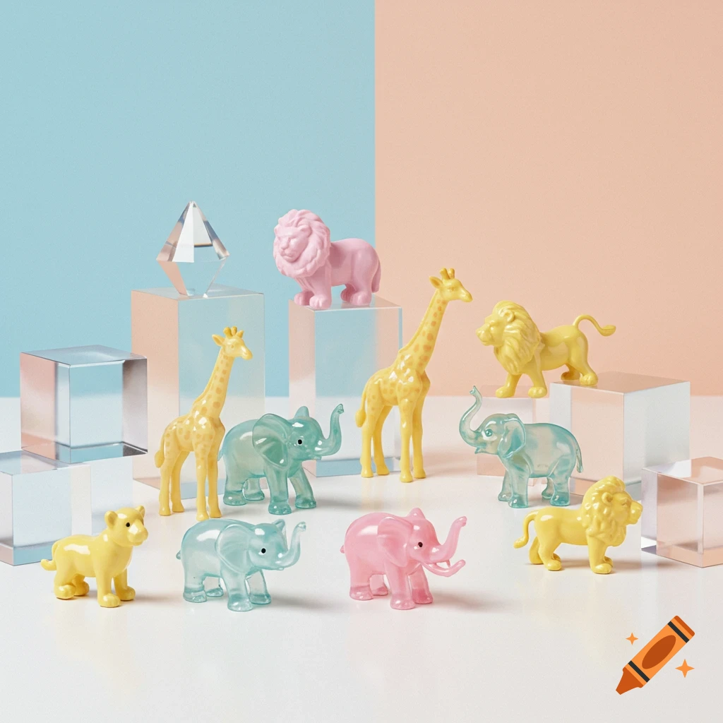 Pastel plastic toy giraffes, lions, and elephants arranged on clear blocks with a split light blue and peach background.