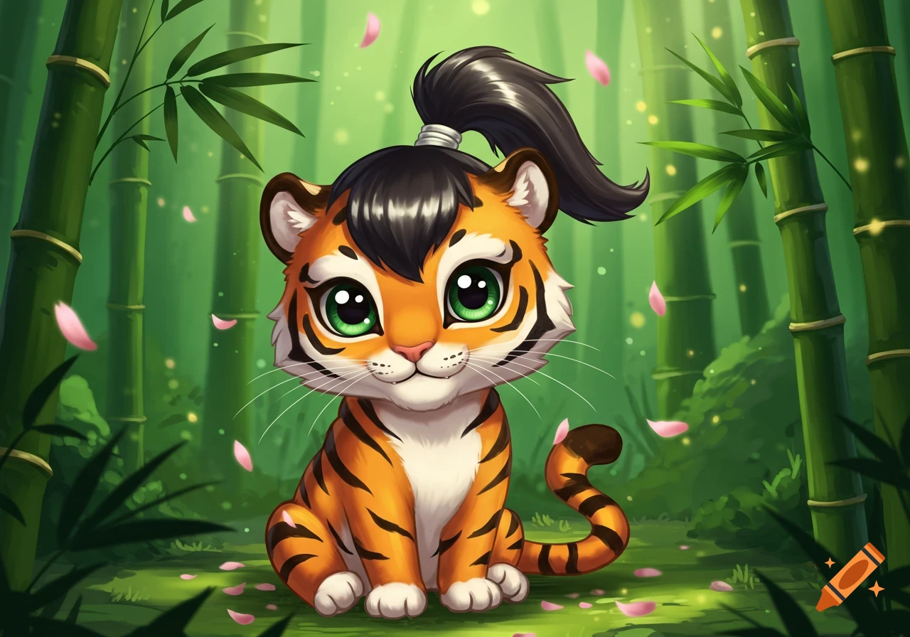 A cute chibi cartoon tiger with a black ponytail sits in a vibrant green bamboo forest with pink petals falling.