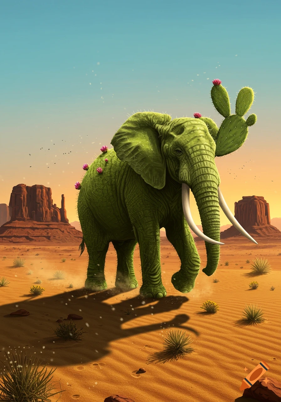 A green cactus elephant with pink flowers walks through a sandy desert with mesas, digital art.