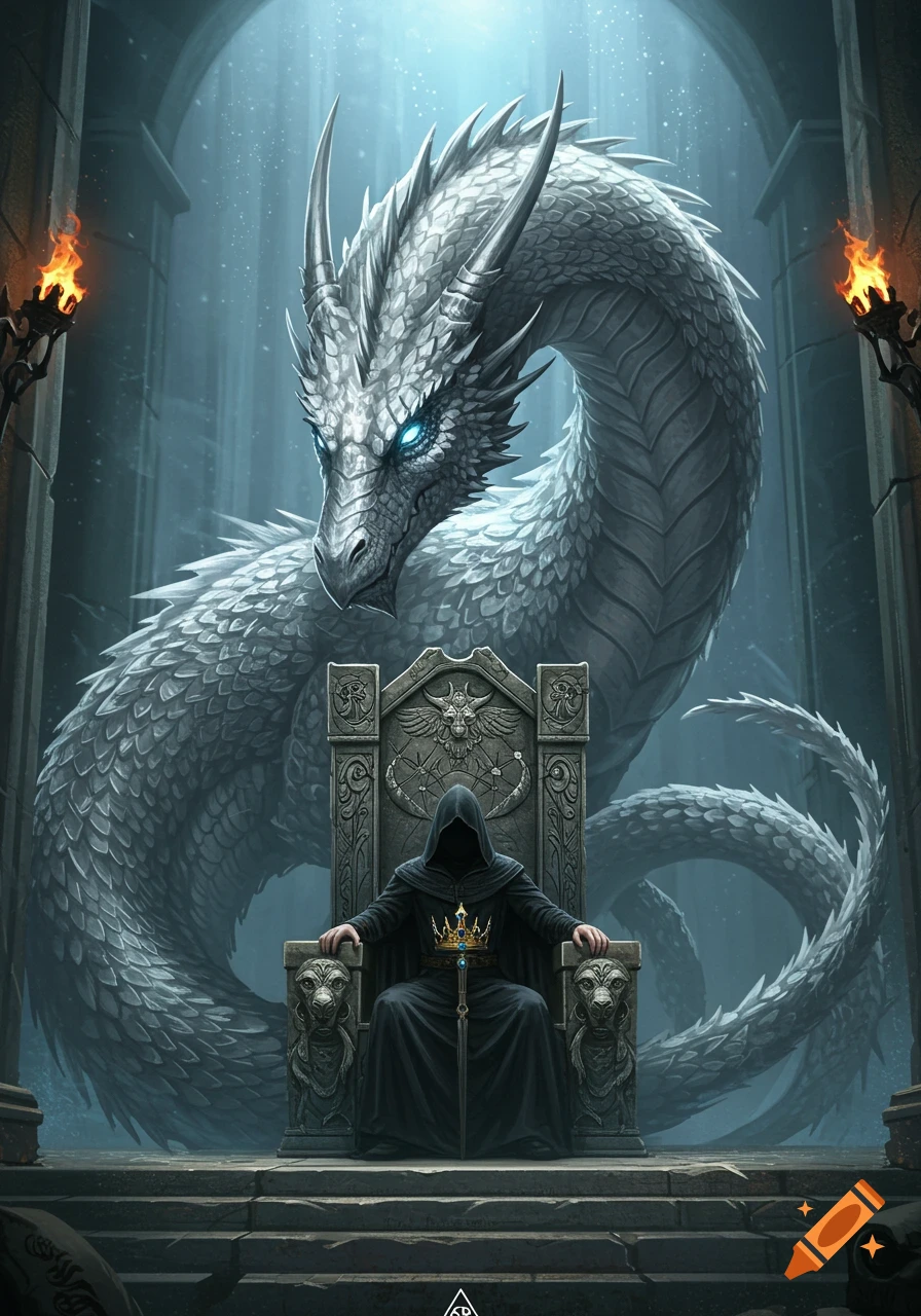 A giant silver dragon with glowing blue eyes stands behind a hooded figure wearing a crown on a stone throne in a dark hall.