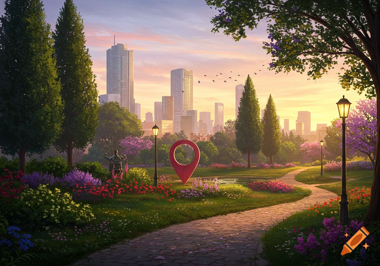 A vibrant illustration of a lush park with a large red location pin, winding stone path, and colorful flowers, set against a distant city skyline at sunset.
