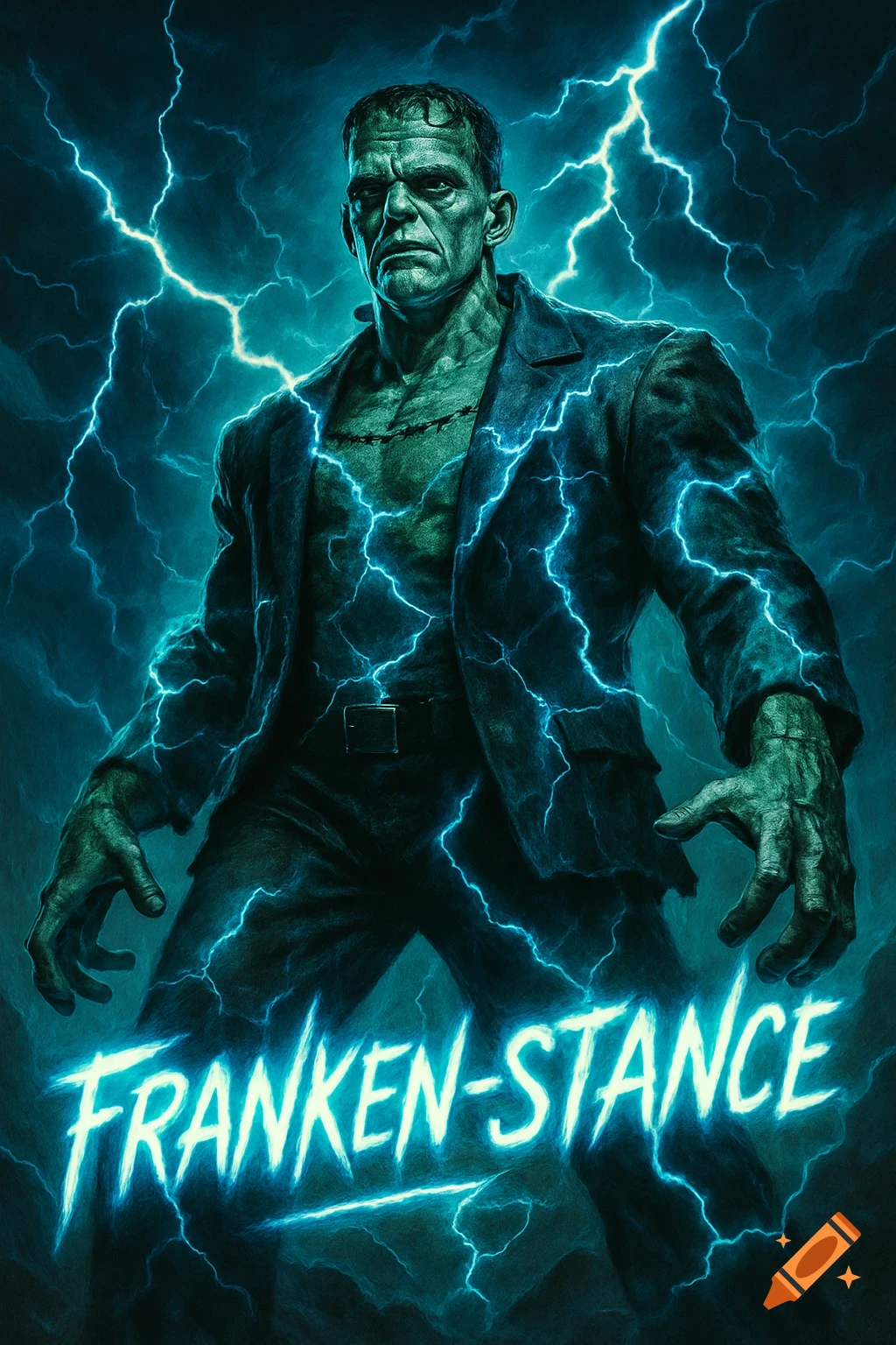 Frankenstein's monster stands with green skin and stitches, surrounded by bright blue lightning, with 'FRANKEN-STANCE' in glowing text.