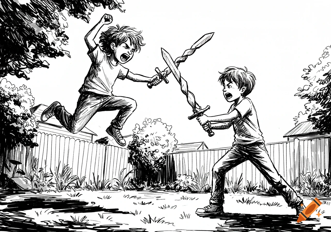 Black and white illustration of two boys sword fighting in a backyard, one boy jumps while the other readies his twisted toy sword.