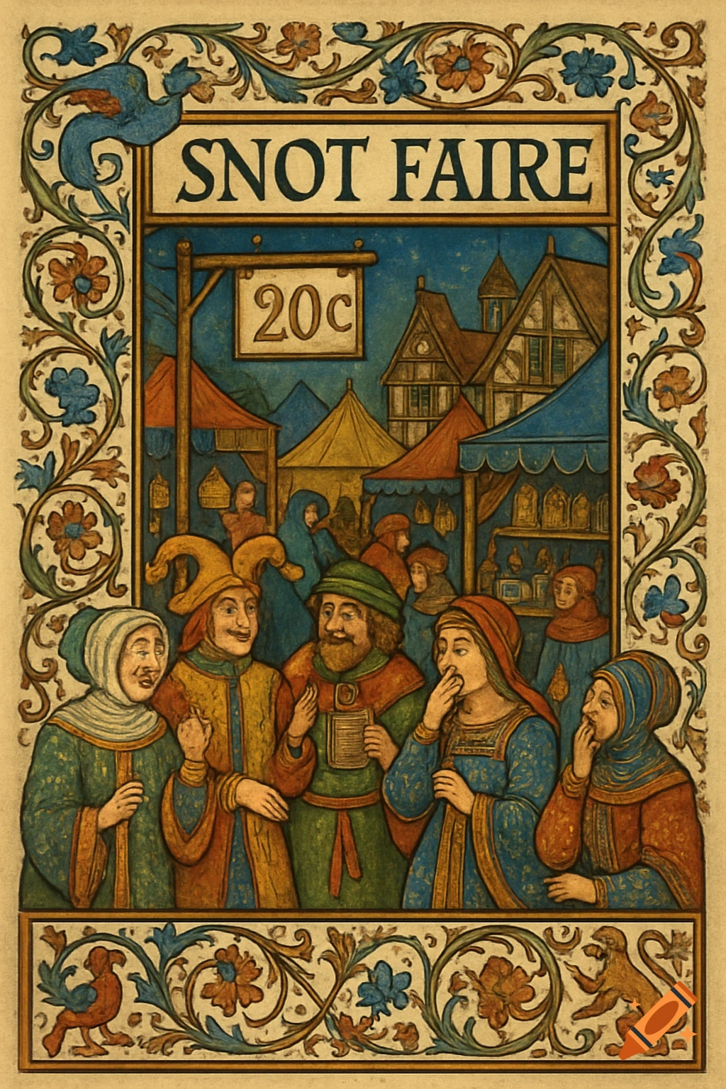 A medieval manuscript style illustration of people at the 'Snot Faire' with tents and buildings, bordered by decorative floral and animal motifs.