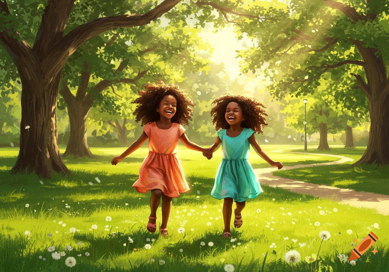 Two happy young black girls with curly hair run hand-in-hand through a sunny park with green trees and a grassy field.