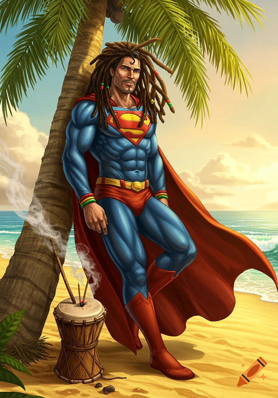 Superman with dreadlocks leans against a palm tree on a sunny beach next to a drum with incense.