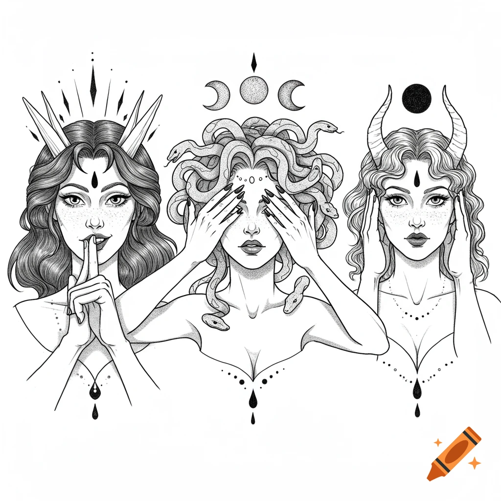 Blackwork line art illustration of three mythological women: Lilith with finger to lips, Medusa with snakes covering eyes, and Hecate with hands over ears.