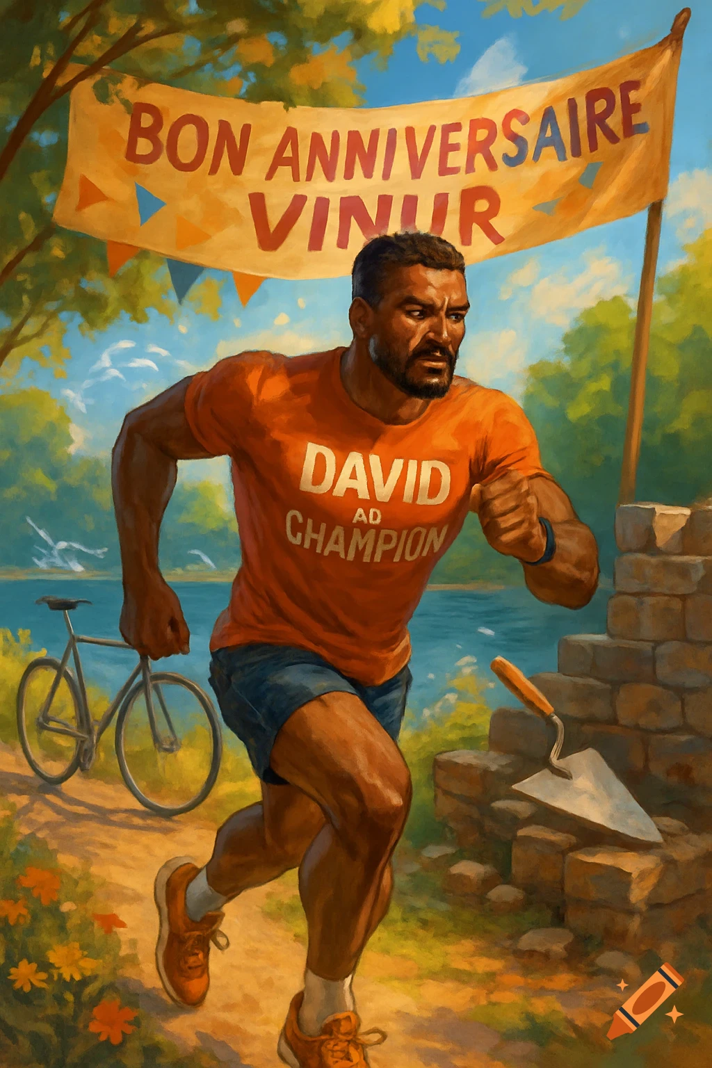 A muscular dark-skinned man in an orange 'DAVID AD CHAMPION' shirt runs on a path with a lake and bicycle behind him. A banner says 'BON ANNIVERSAIRE VINUR'.