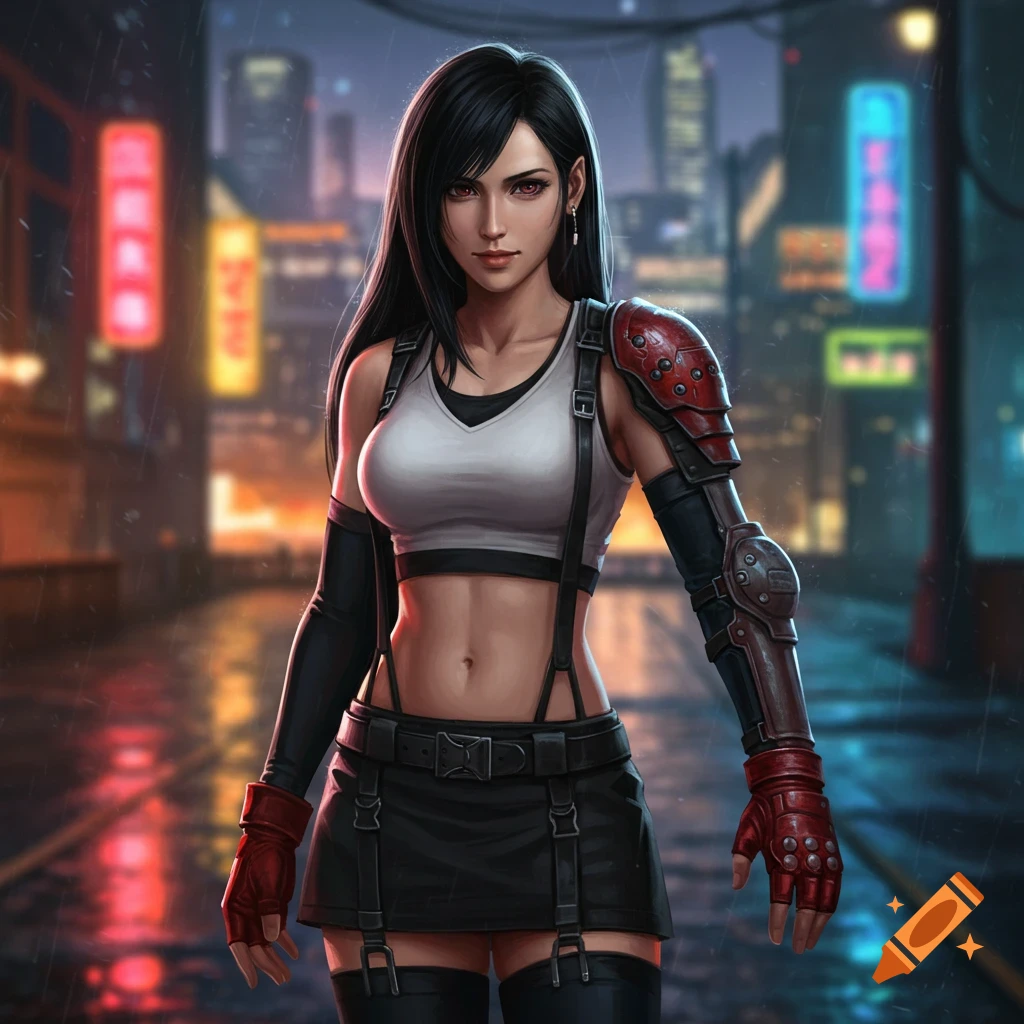 Digital art of Tifa Lockhart, a female character in a white crop top and armored gauntlets, standing on a rainy cyberpunk city street at night.