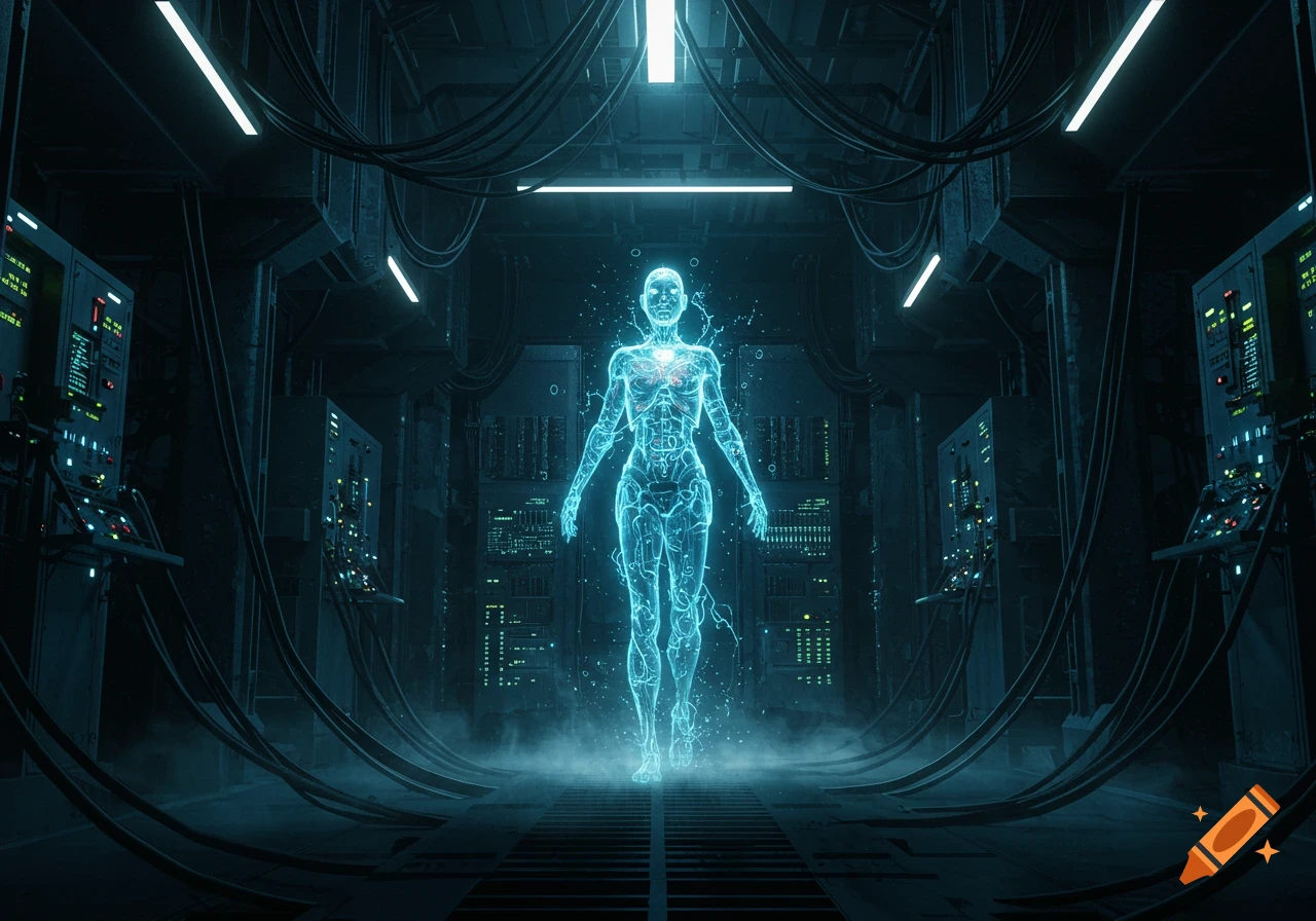 A glowing blue wireframe humanoid figure stands in a dark, futuristic data center with illuminated screens and cables.