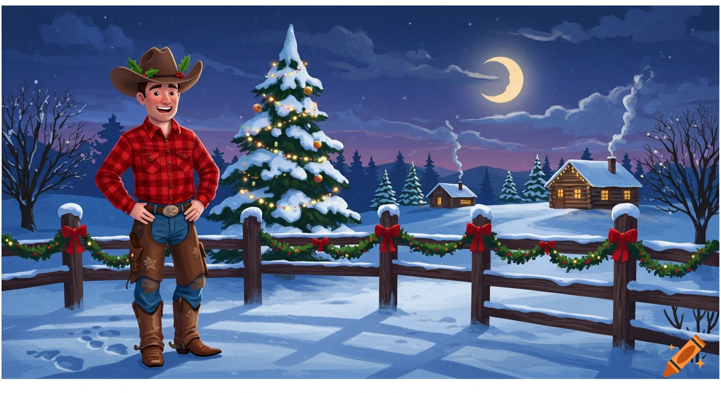 A cheerful cartoon cowboy in a plaid shirt, chaps, and a holly-decorated hat stands in a snowy Christmas landscape with cabins and a moon.