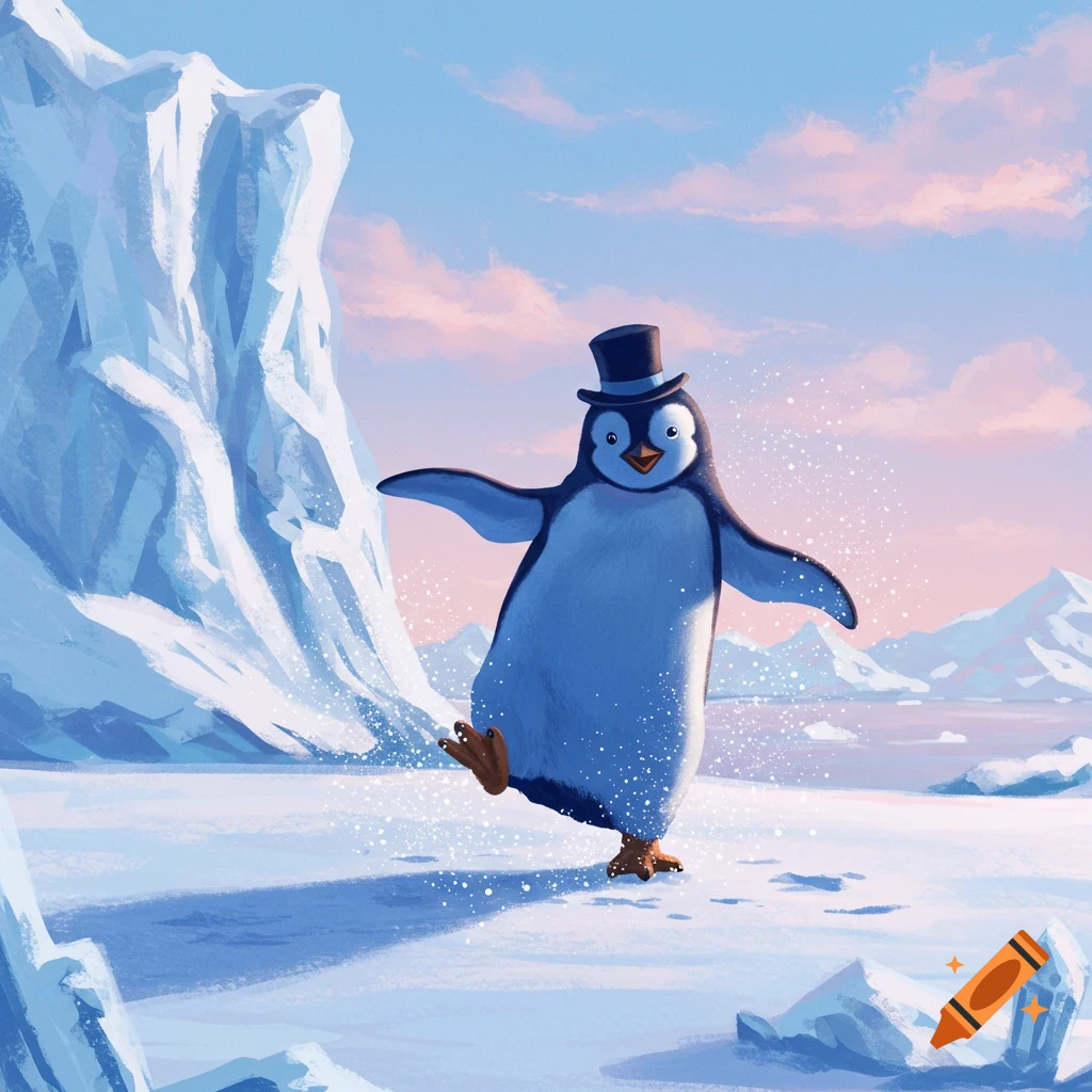 A blue cartoon penguin wearing a top hat dances happily on an icy plain with icebergs and pink clouds in the background.