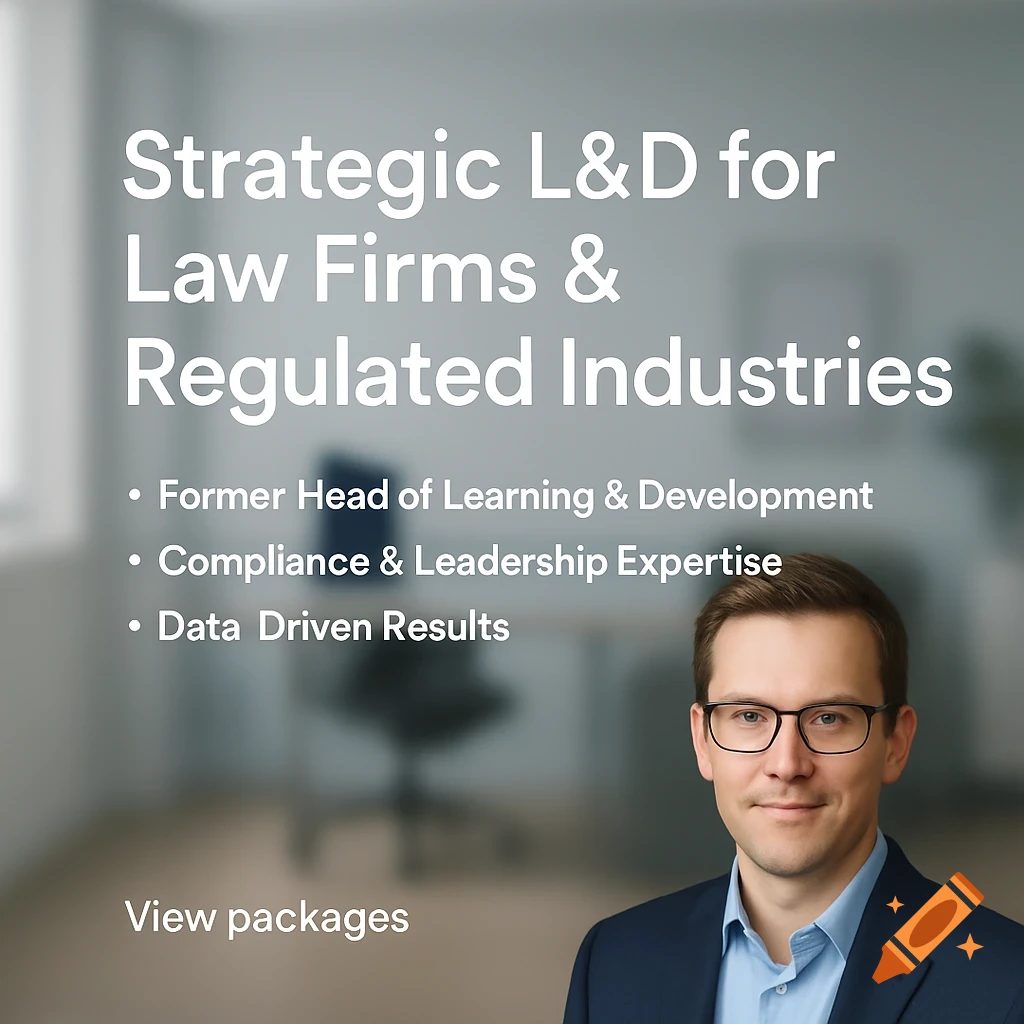 A professional man in a suit jacket and glasses smiles, with business text on a blurred office background.