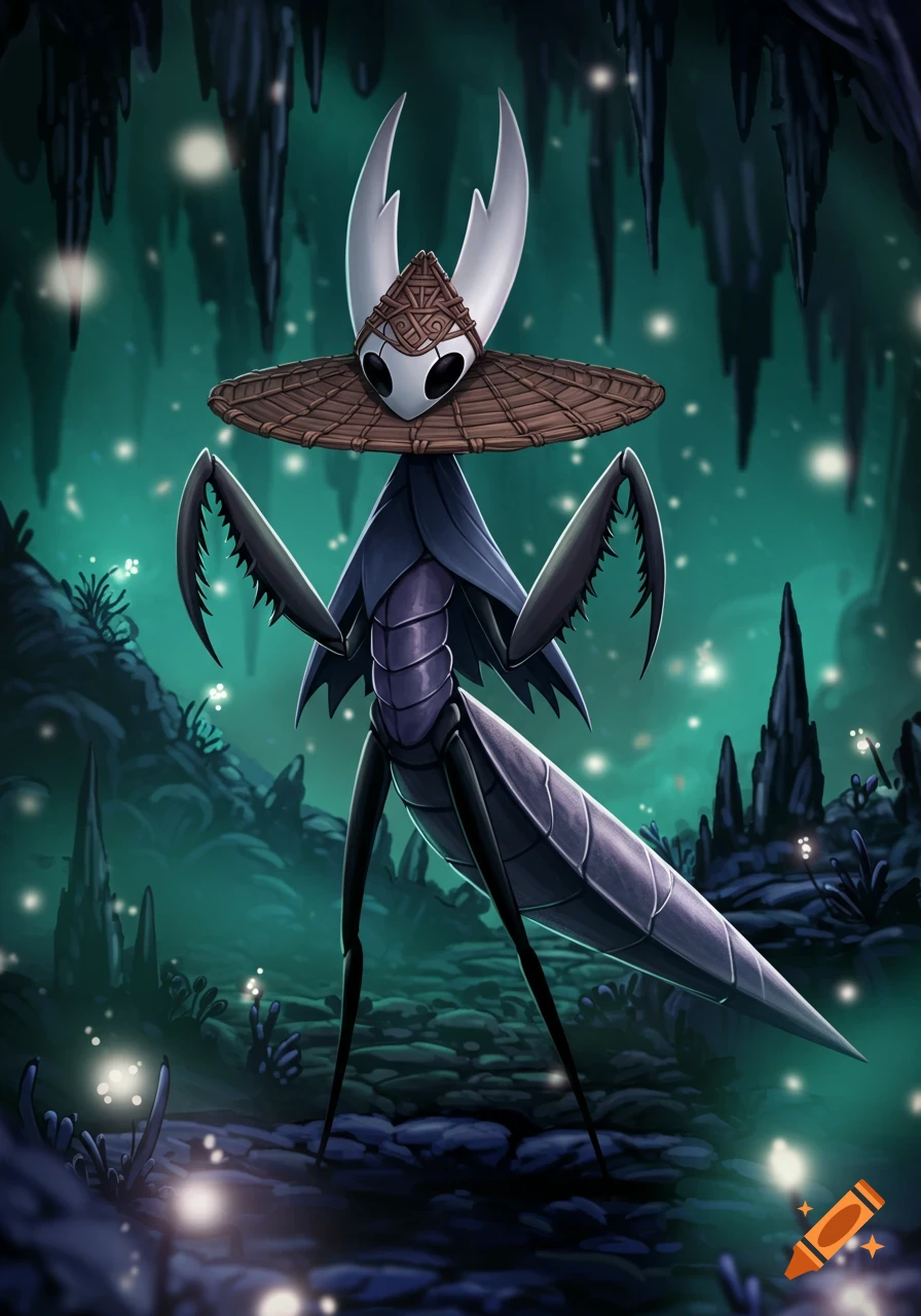 Stylized mantis-like character with a white head, horns, and a woven hat in a dark, glowing cave. Hollow Knight art.