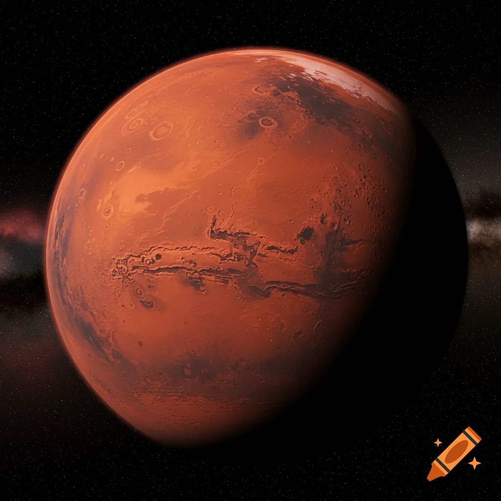A photorealistic view of the planet Mars with its red, cratered surface and a dark shadow, set against a star-filled space background with faint nebulae.