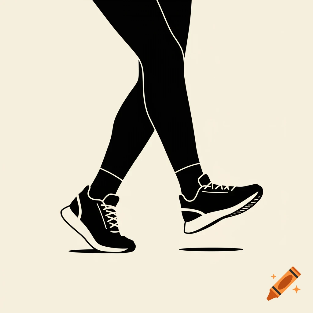 Black and white graphic illustration of two legs and feet in sneakers walking or dancing against a light background.