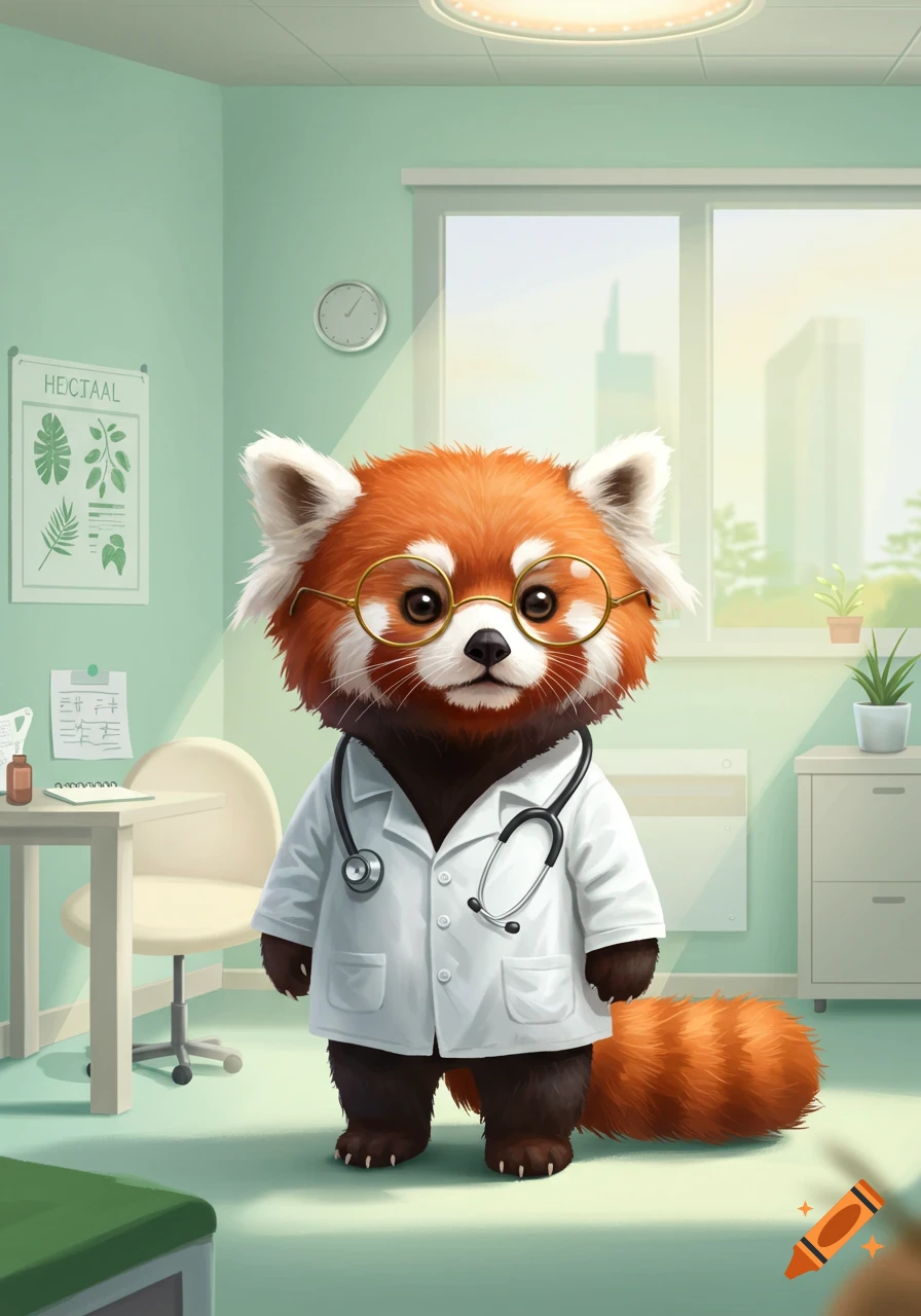 A cute red panda wearing a doctor's white coat and round glasses, standing in a doctor's office. Illustrated style.