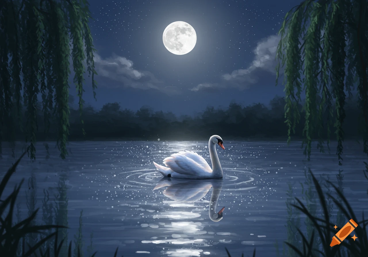 A serene white swan glides on a moonlit lake at night, surrounded by weeping willow branches in a digital painting style.