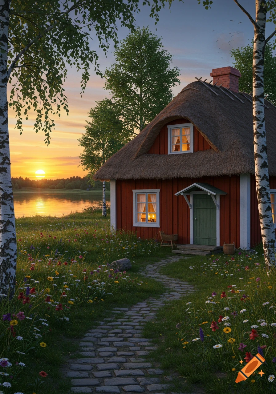 A red cottage with a thatched roof by a lake at sunset, surrounded by wildflowers and birch trees, with a stone path.