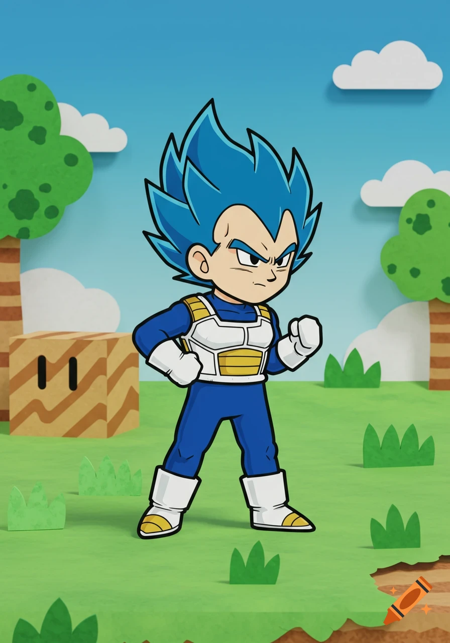 A cartoon Vegeta with blue hair in battle armor stands determinedly in a Paper Mario-style grassy landscape with paper trees.