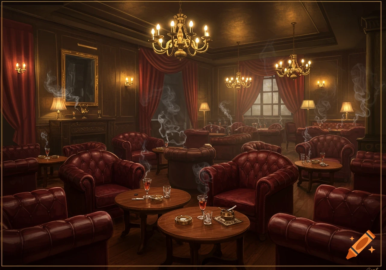 Opulent, dimly lit smoking lounge with red leather armchairs, wooden tables, and chandeliers, smoke swirls through the air.