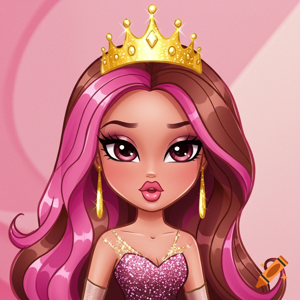 A 2D cartoon princess with long brown and pink hair, big eyes, a golden crown, and a glittery pink dress on a pink background.