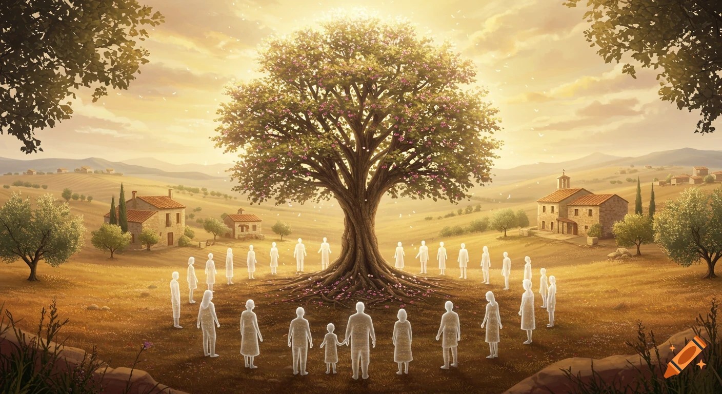Luminous spiritual landscape with a blooming tree, translucent human figures in a circle, and a Spanish countryside at sunset.