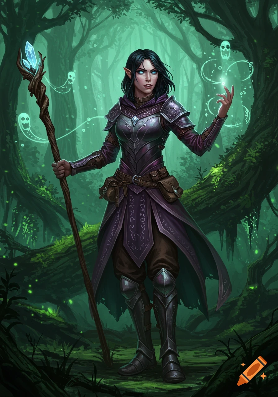 A dark-haired female elf sorceress in purple armor with a crystal staff stands in a magical forest, casting a spell with glowing spirits.