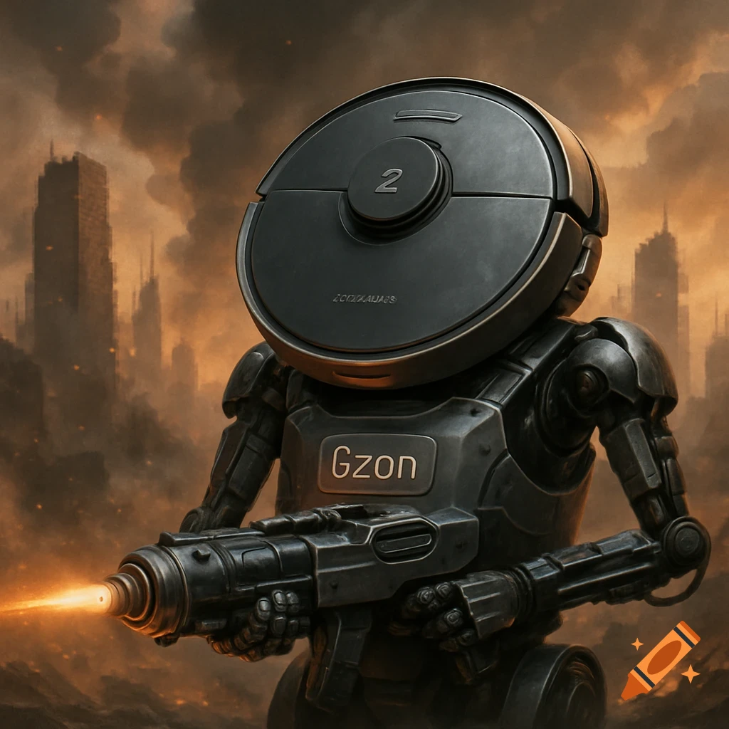 A dark grey robot with a round head and glowing 'Gzon' text on its chest holds a futuristic rifle, firing a laser in an apocalyptic city landscape.