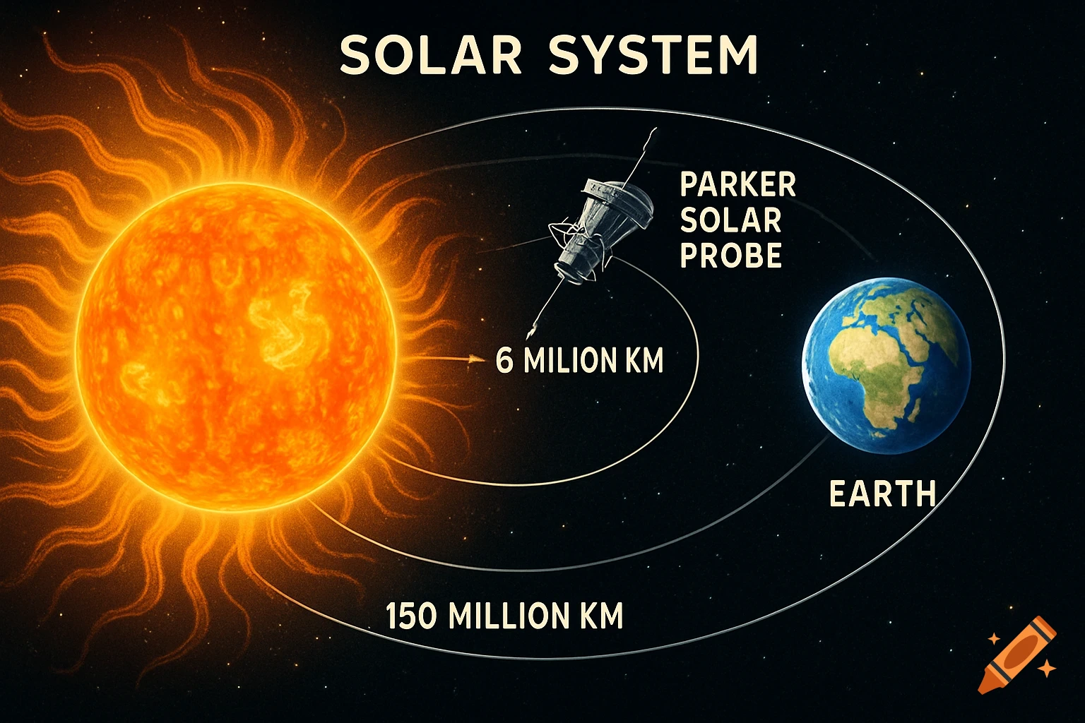 A scientific diagram of the solar system shows the Sun, Earth, and Parker Solar Probe with orbital paths and distances.