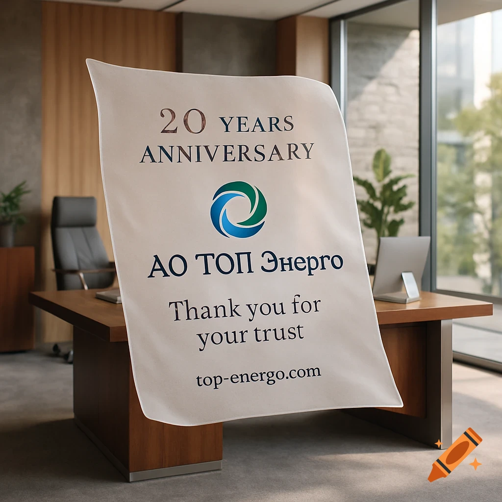 Photorealistic image of a corporate office with a banner celebrating "20 YEARS ANNIVERSARY" of "АО ТОП Энерго".