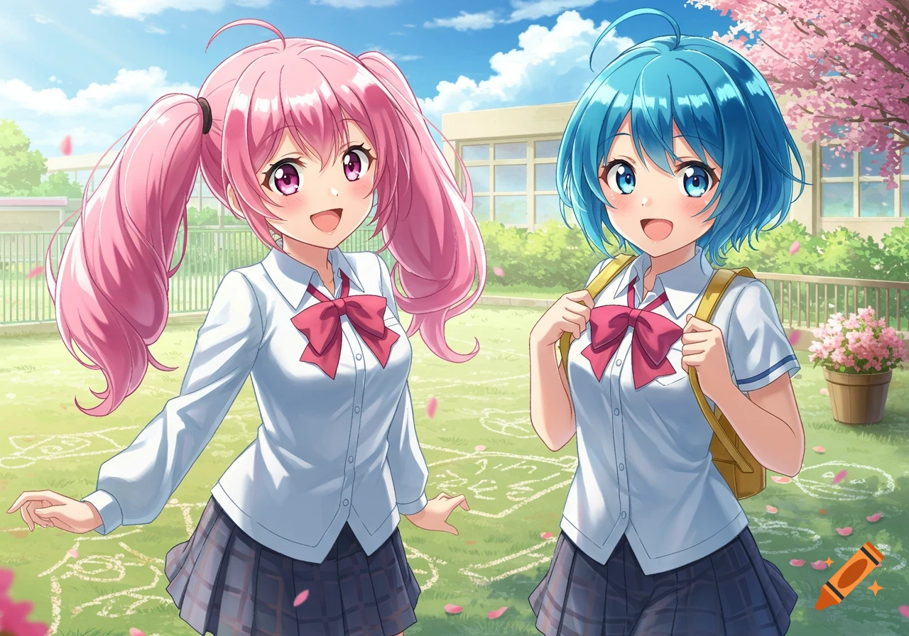 Smiling anime schoolgirls, one with pink pigtails, one with blue short hair, in a cherry blossom-filled schoolyard.