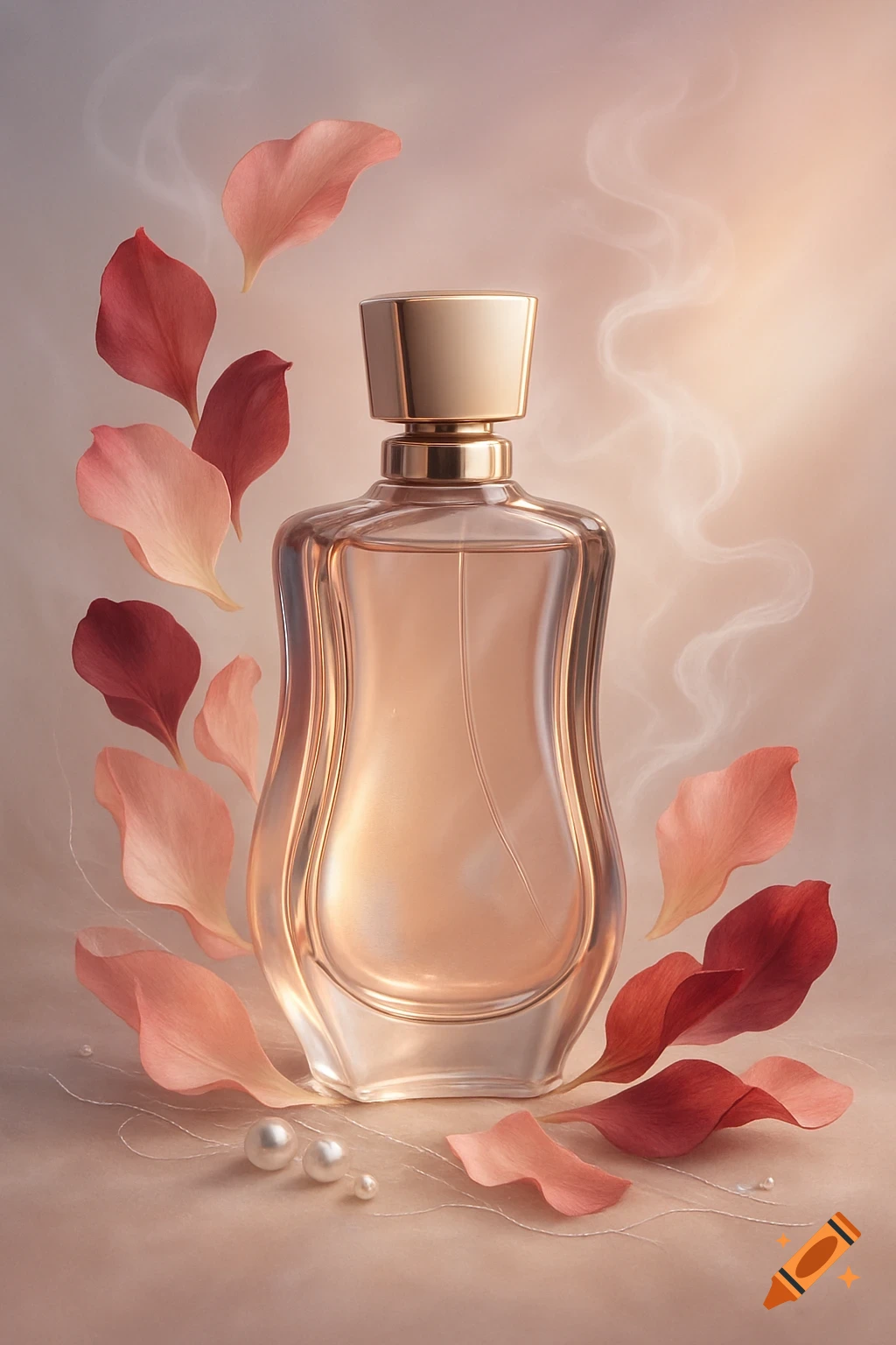 Elegant perfume bottle surrounded by pink and red petals and white pearls, with smoke wisps in a soft background.